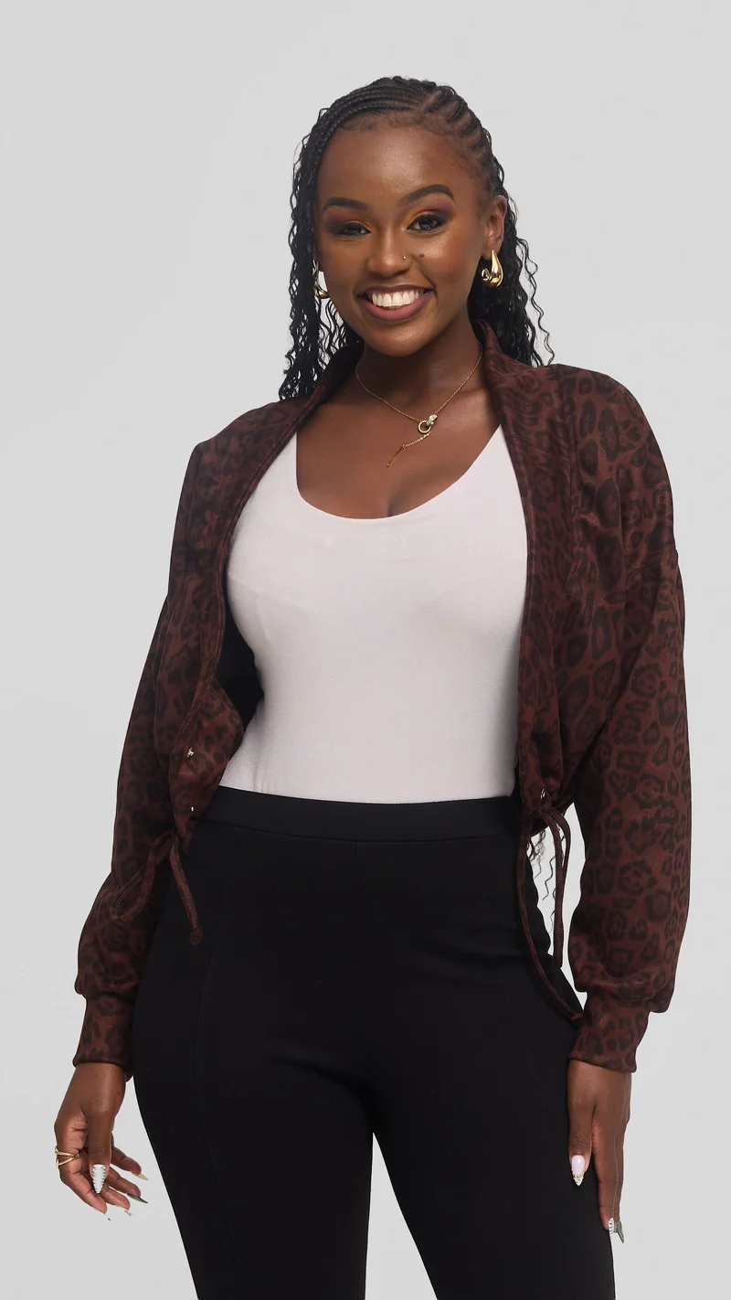 Vivo Drop Shoulder Jacket in Faux Suede - Dark Brown Print