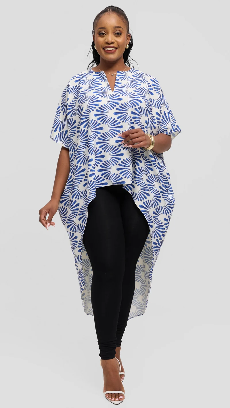 Vivo High Low Top in Crepe - Off White / Dark Blue Witu Print