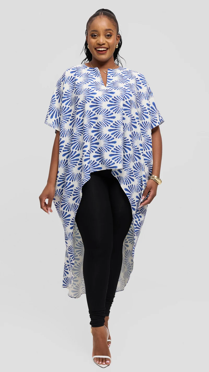 Vivo High Low Top in Crepe - Off White / Dark Blue Witu Print