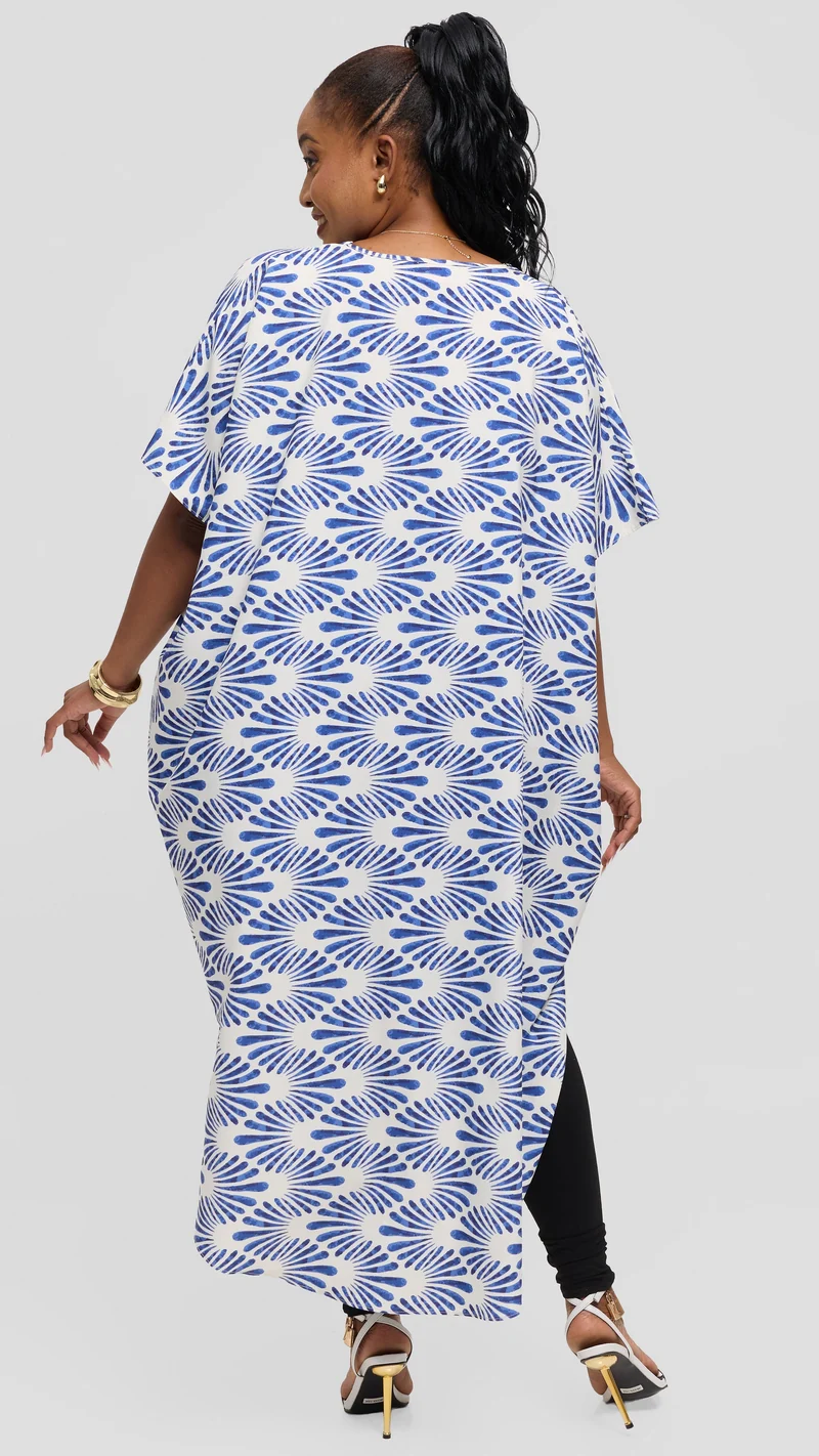 Vivo High Low Top in Crepe - Off White / Dark Blue Witu Print