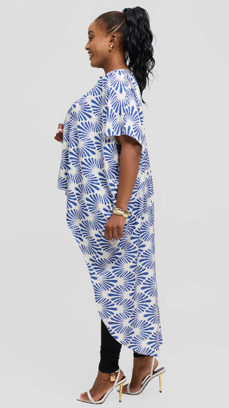 Vivo High Low Top in Crepe - Off White / Dark Blue Witu Print