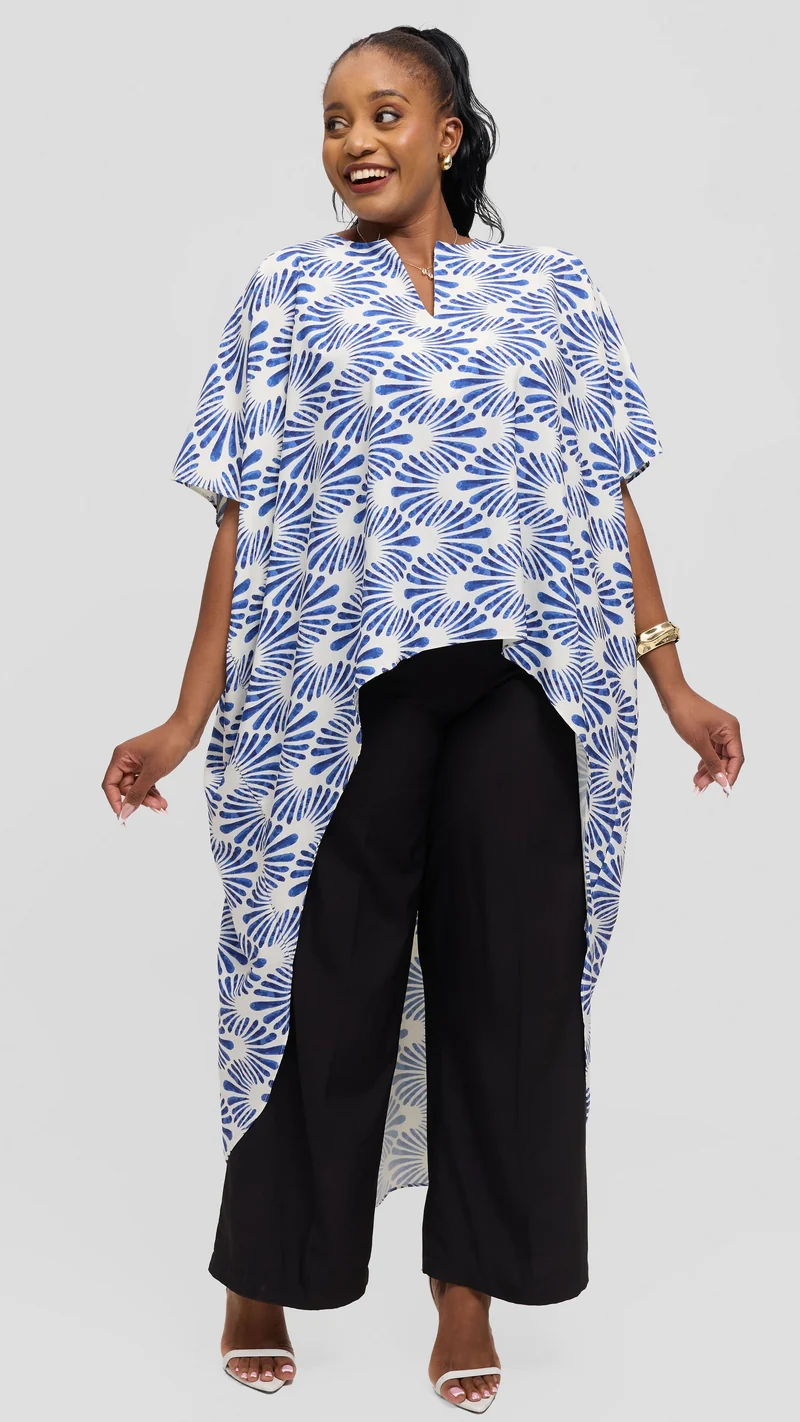 Vivo High Low Top in Crepe - Off White / Dark Blue Witu Print