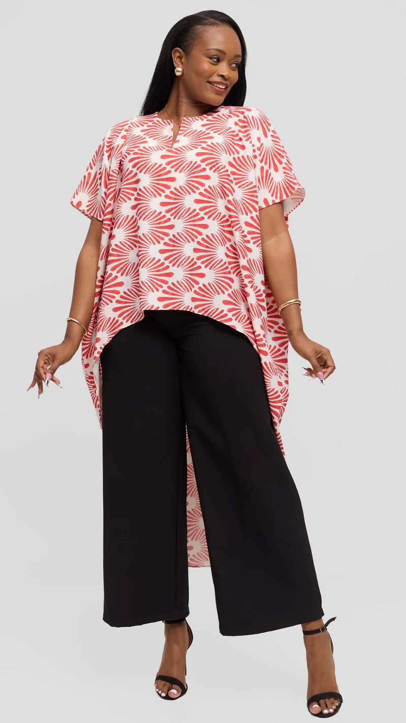 Vivo High Low Top in Crepe - Off White / Red Witu Print