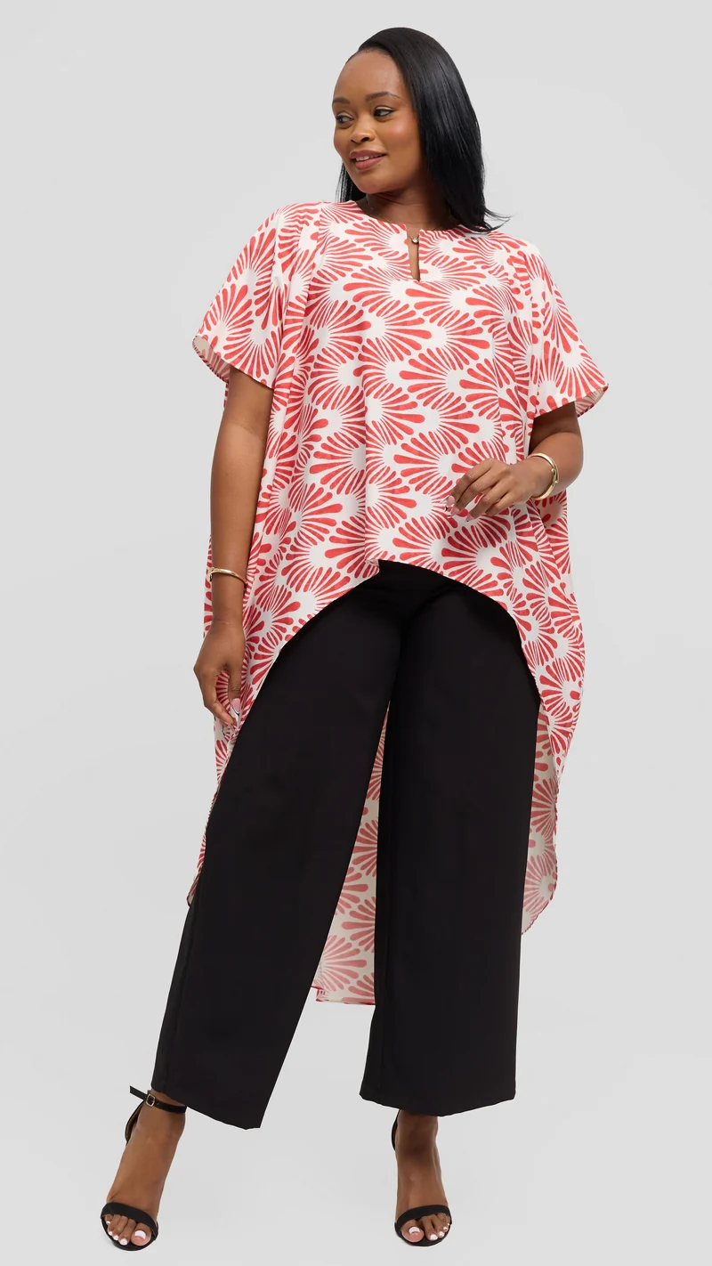 Vivo High Low Top in Crepe - Off White / Red Witu Print