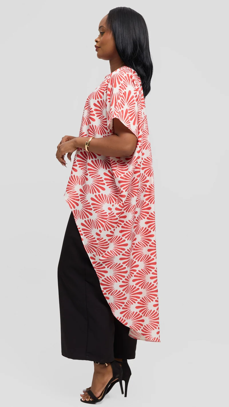 Vivo High Low Top in Crepe - Off White / Red Witu Print