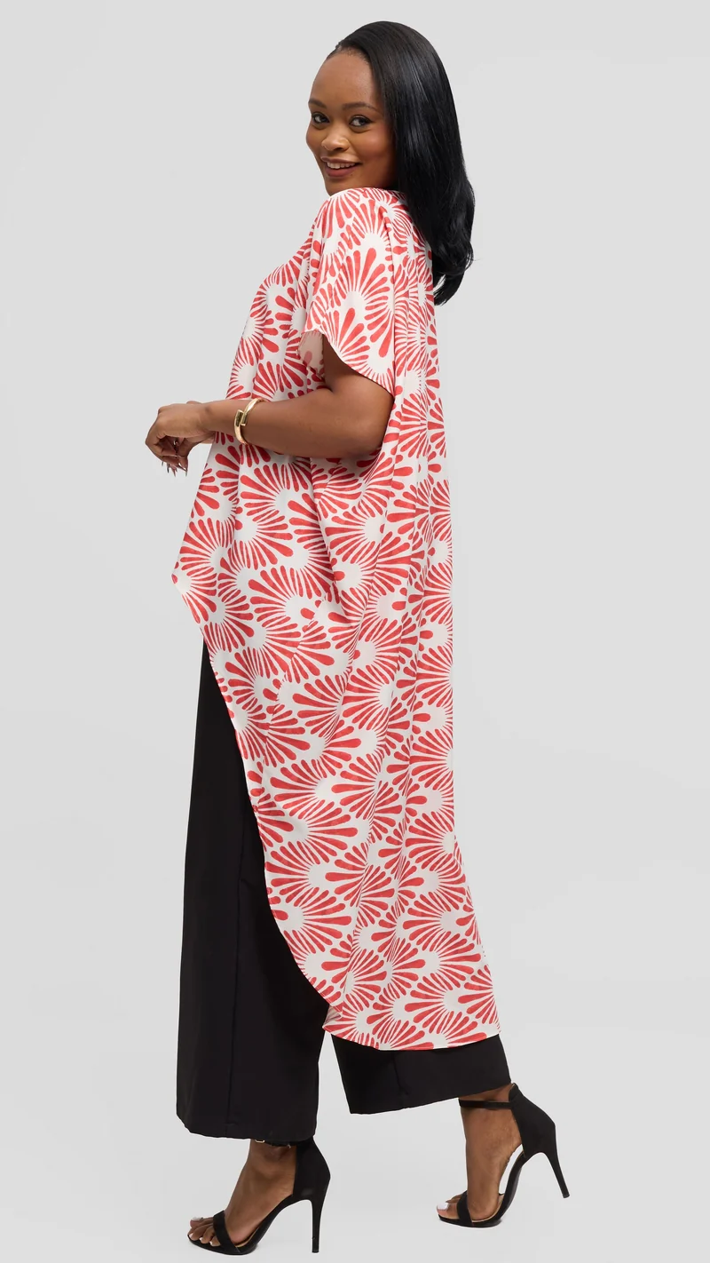 Vivo High Low Top in Crepe - Off White / Red Witu Print