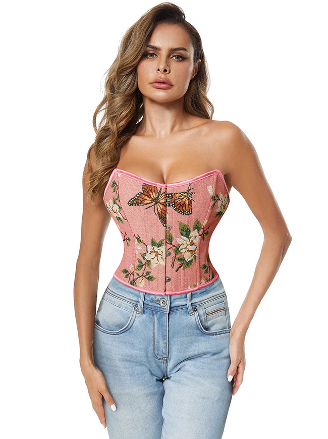 Trägerloses Bustier-Korsett-Crop-Top im Vintage-Retro-Stil mit Blumenmuster