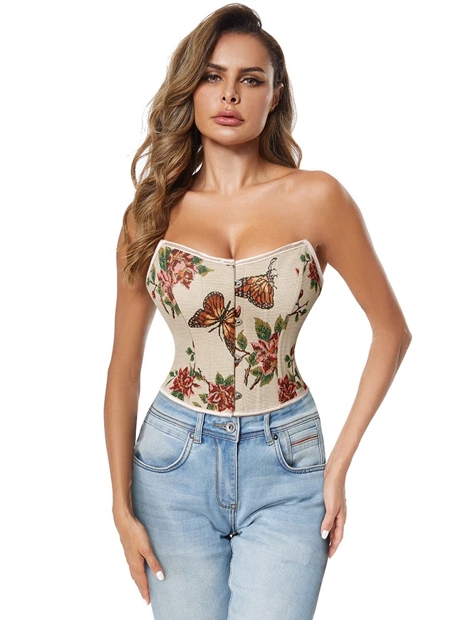 Trägerloses Bustier-Korsett-Crop-Top im Vintage-Retro-Stil mit Blumenmuster