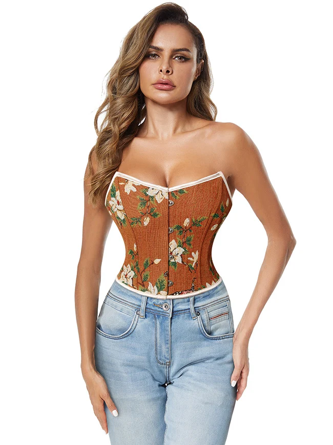 Trägerloses Bustier-Korsett-Crop-Top im Vintage-Retro-Stil mit Blumenmuster
