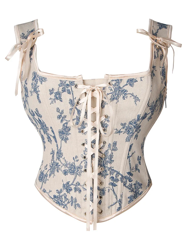 Vintage Renaissance Floral Boned Straps Bustier Weste Korsett Top