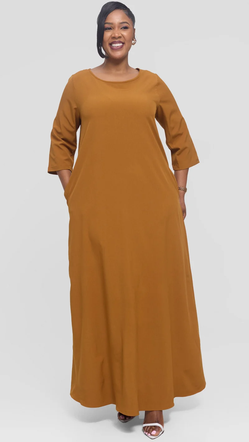 Vivo 3/4 Sleeve Maxi Dress in Crepe - Dark Mustard