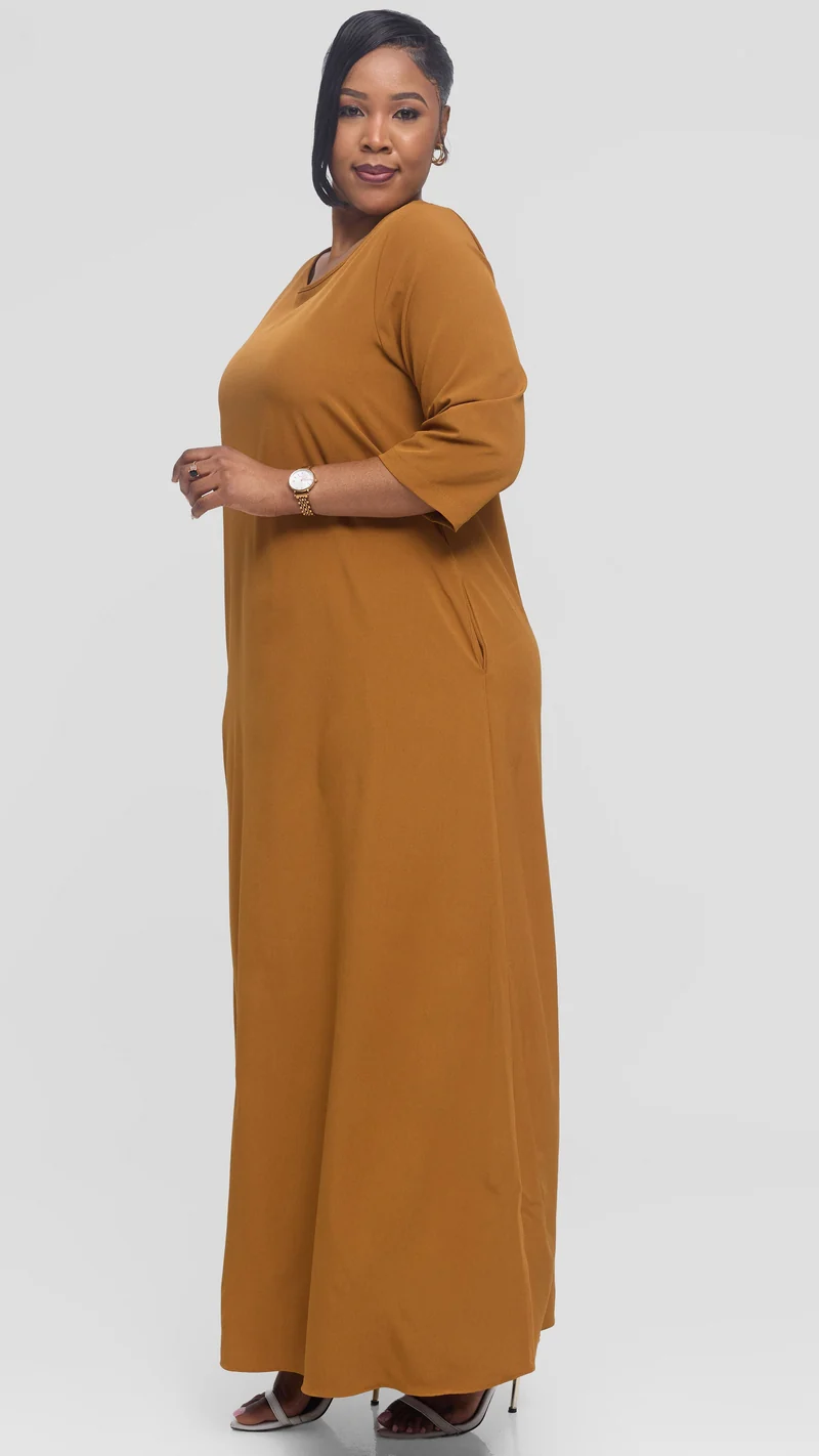 Vivo 3/4 Sleeve Maxi Dress in Crepe - Dark Mustard