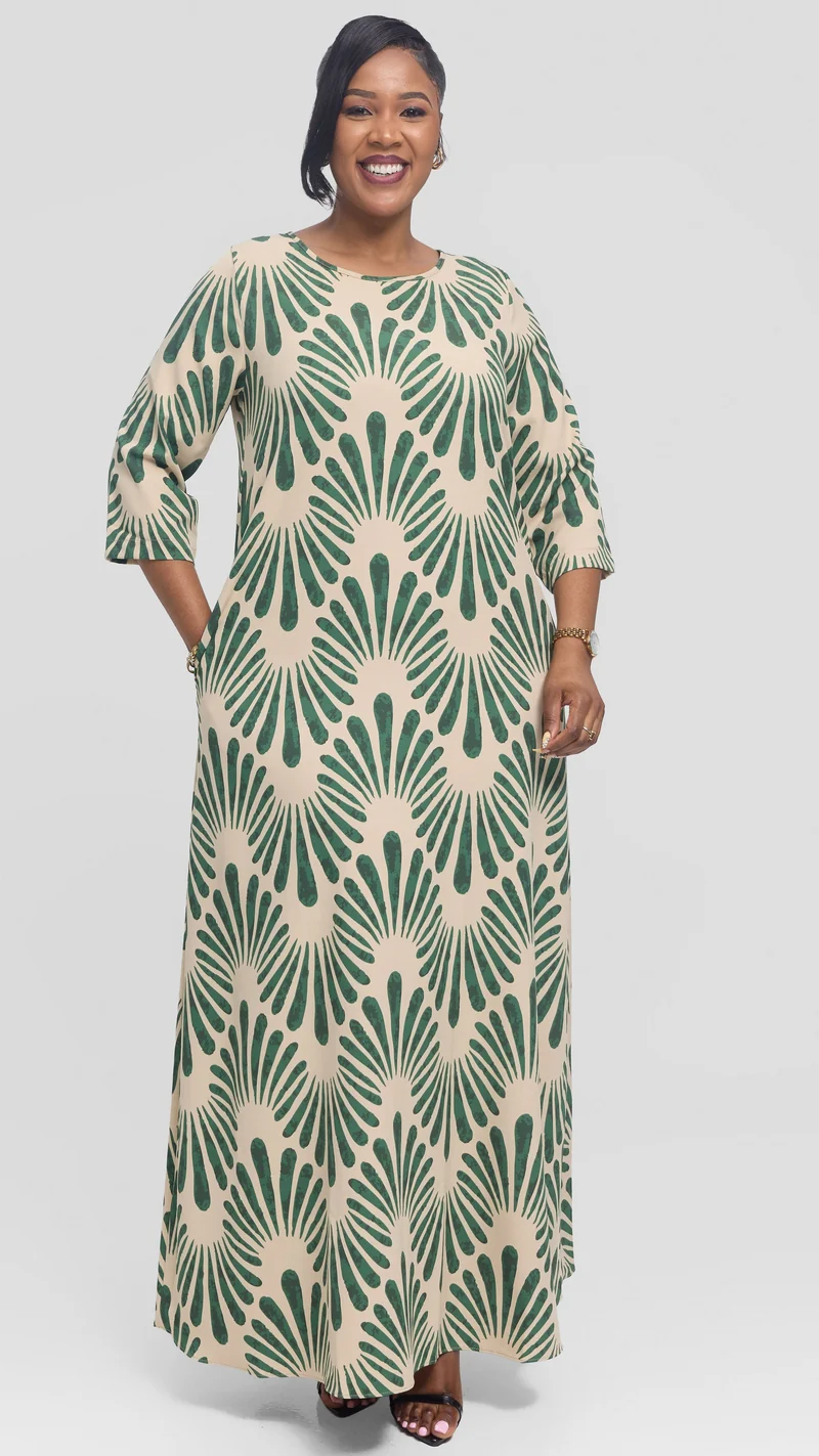 Vivo 3/4 Sleeve Maxi Dress in Crepe - Beige / Dark Green Witu Print
