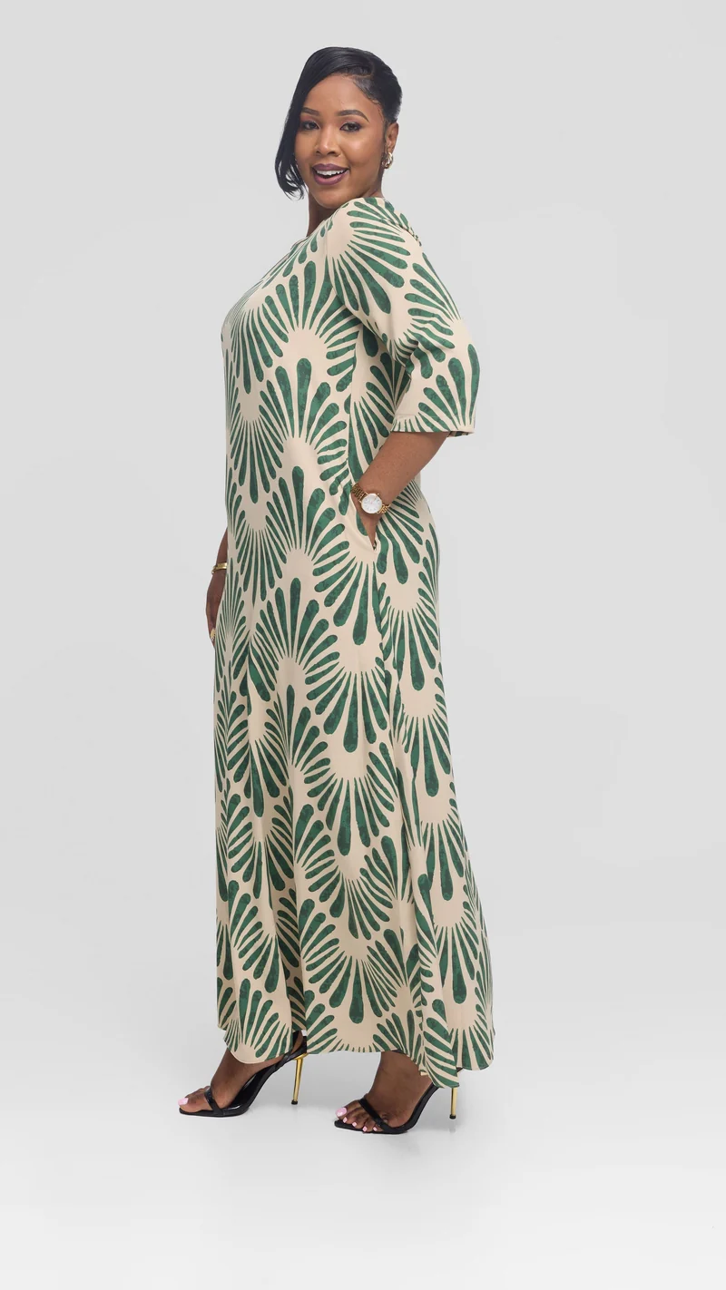 Vivo 3/4 Sleeve Maxi Dress in Crepe - Beige / Dark Green Witu Print