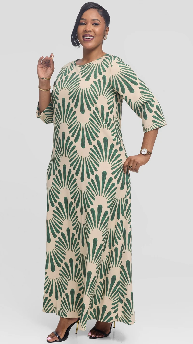 Vivo 3/4 Sleeve Maxi Dress in Crepe - Beige / Dark Green Witu Print