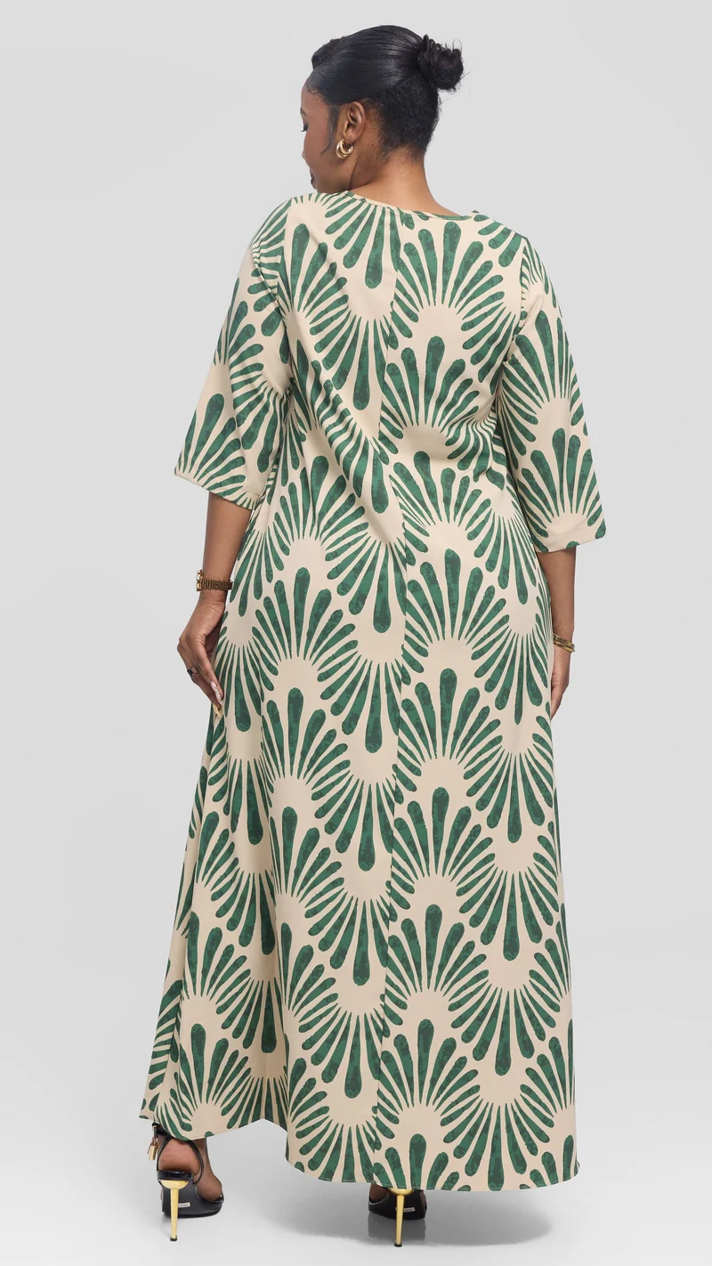 Vivo 3/4 Sleeve Maxi Dress in Crepe - Beige / Dark Green Witu Print