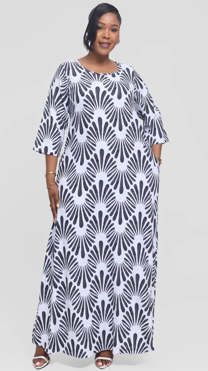 Vivo 3/4 Sleeve Maxi Dress in Crepe - White / Black Witu Print