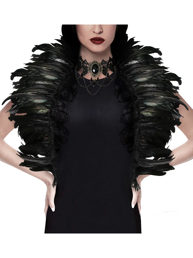 Charmian Gothic-Schal mit Federn, Halloween-Umhang, Achselzucken-Accessoires mit Spitzenhalskette