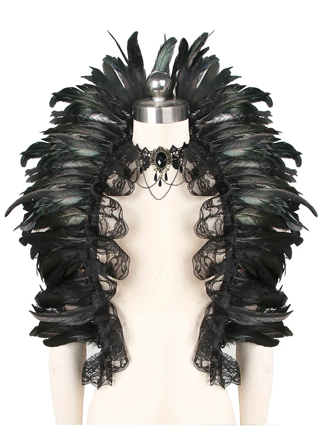 Charmian Gothic-Schal mit Federn, Halloween-Umhang, Achselzucken-Accessoires mit Spitzenhalskette