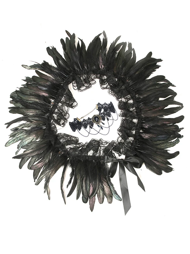 Charmian Gothic-Schal mit Federn, Halloween-Umhang, Achselzucken-Accessoires mit Spitzenhalskette