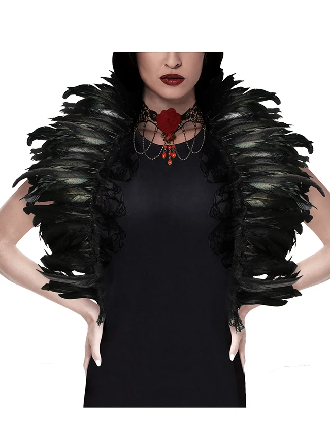 Charmian Gothic-Schal mit Federn, Halloween-Umhang, Achselzucken-Accessoires mit Spitzenhalskette