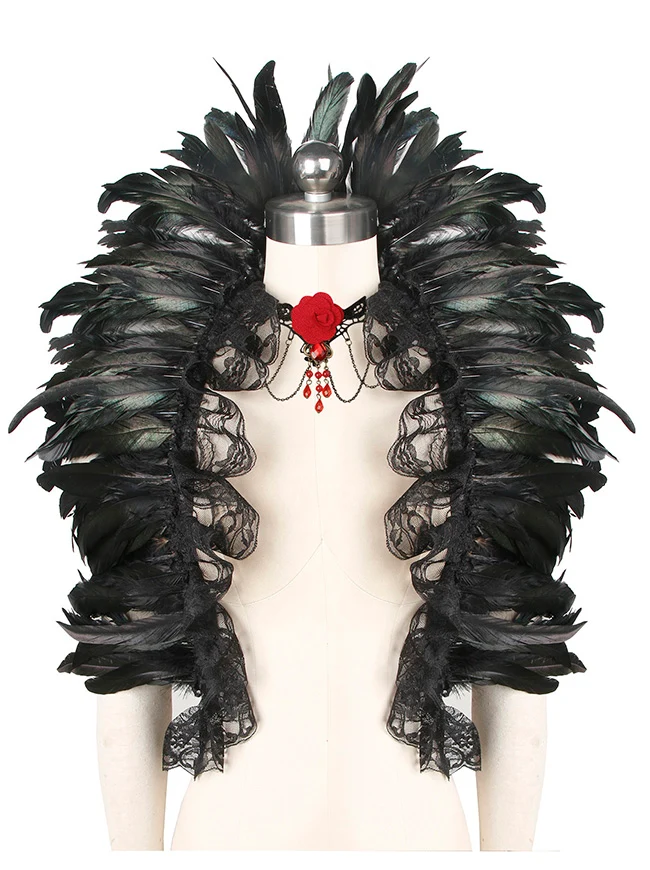 Charmian Gothic-Schal mit Federn, Halloween-Umhang, Achselzucken-Accessoires mit Spitzenhalskette
