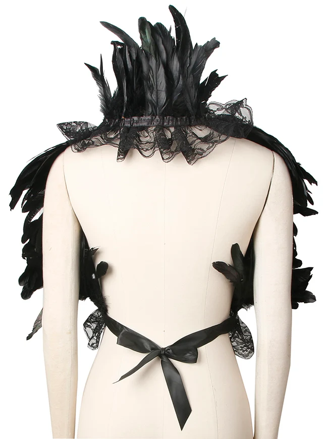 Charmian Gothic-Schal mit Federn, Halloween-Umhang, Achselzucken-Accessoires mit Spitzenhalskette