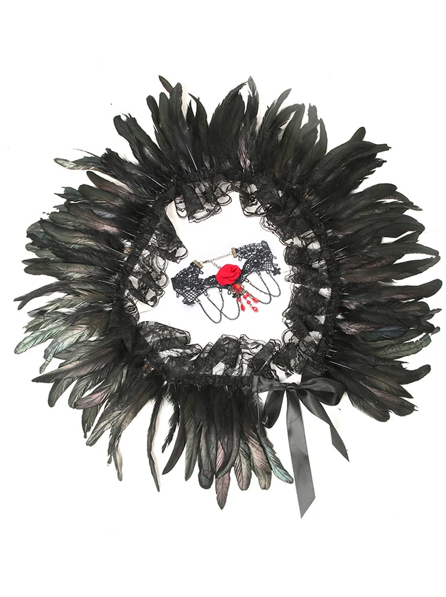Charmian Gothic-Schal mit Federn, Halloween-Umhang, Achselzucken-Accessoires mit Spitzenhalskette