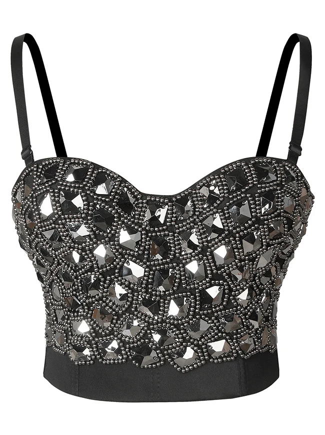 Punk-Party-Bustier-Crop-Top mit Strass-Perlen und schimmernden Diamanten
