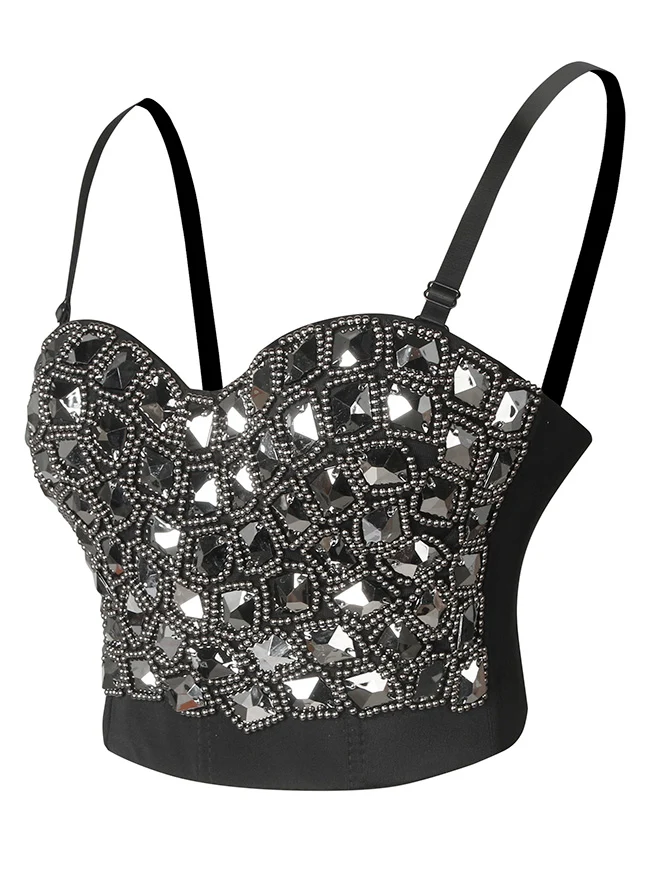 Punk-Party-Bustier-Crop-Top mit Strass-Perlen und schimmernden Diamanten