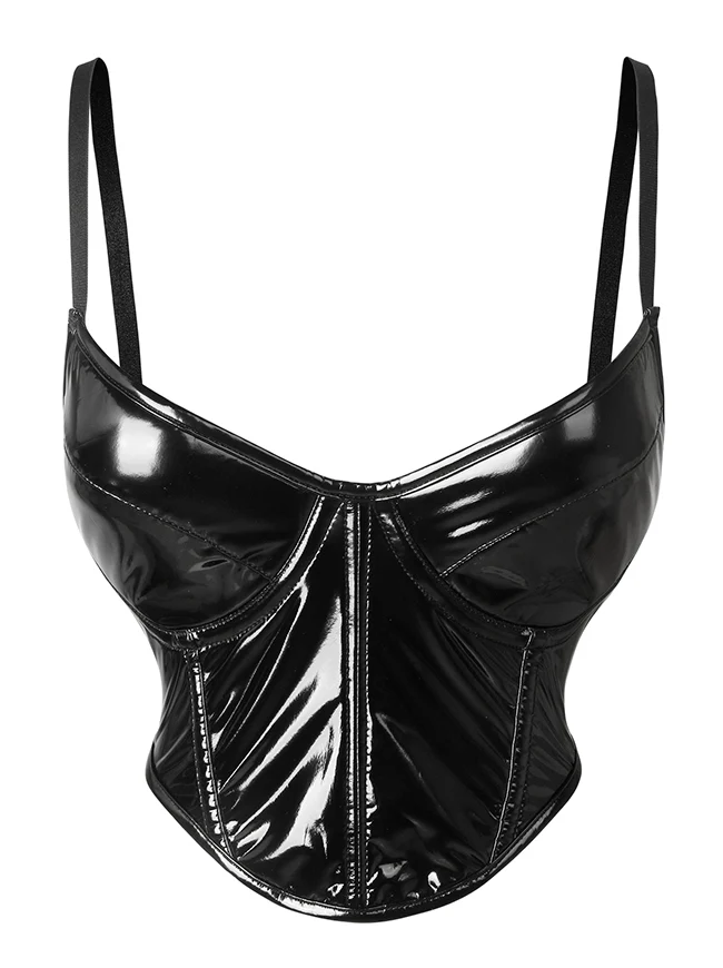 Spaghetti-Träger V-Ausschnitt Leder Bustier Slim Clubwear Crop Tops
