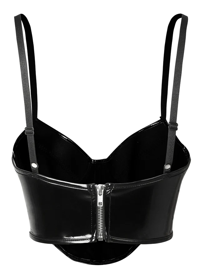 Spaghetti-Träger V-Ausschnitt Leder Bustier Slim Clubwear Crop Tops