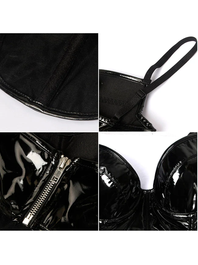Spaghetti-Träger V-Ausschnitt Leder Bustier Slim Clubwear Crop Tops