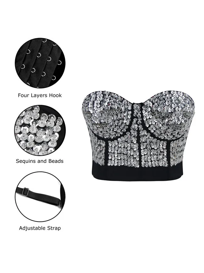 Burlesque Fashion Perlen Pailletten Push Up Crop Top Bustier BH