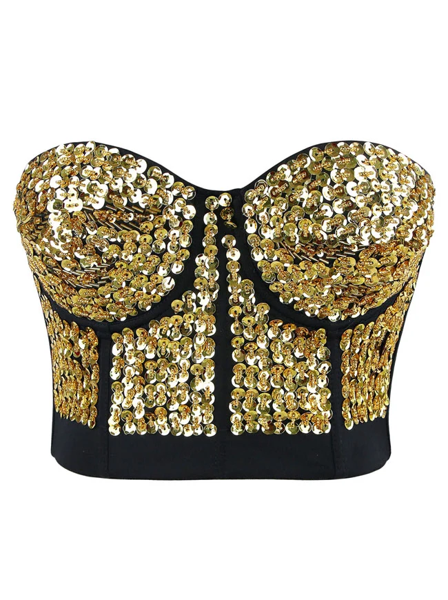 Burlesque Fashion Perlen Pailletten Push Up Crop Top Bustier BH