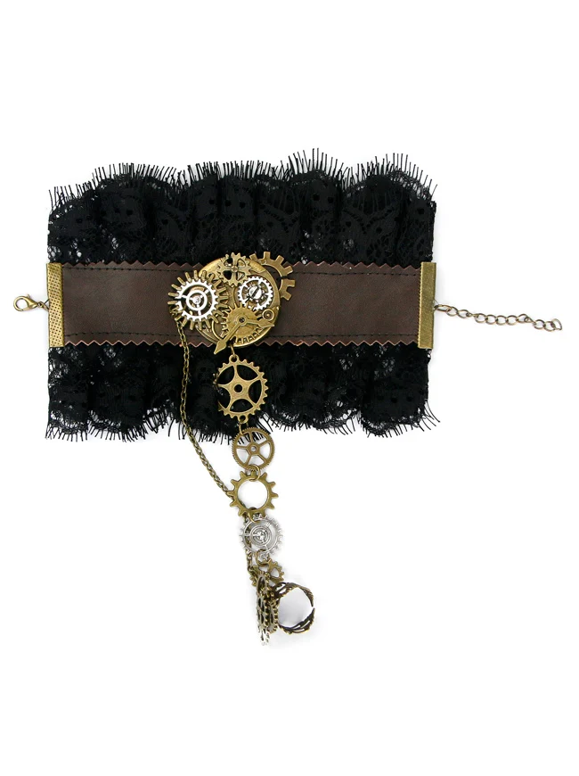 Steampunk Gothic Zubehör Gear Leder Spitze Armband Armband mit Ring