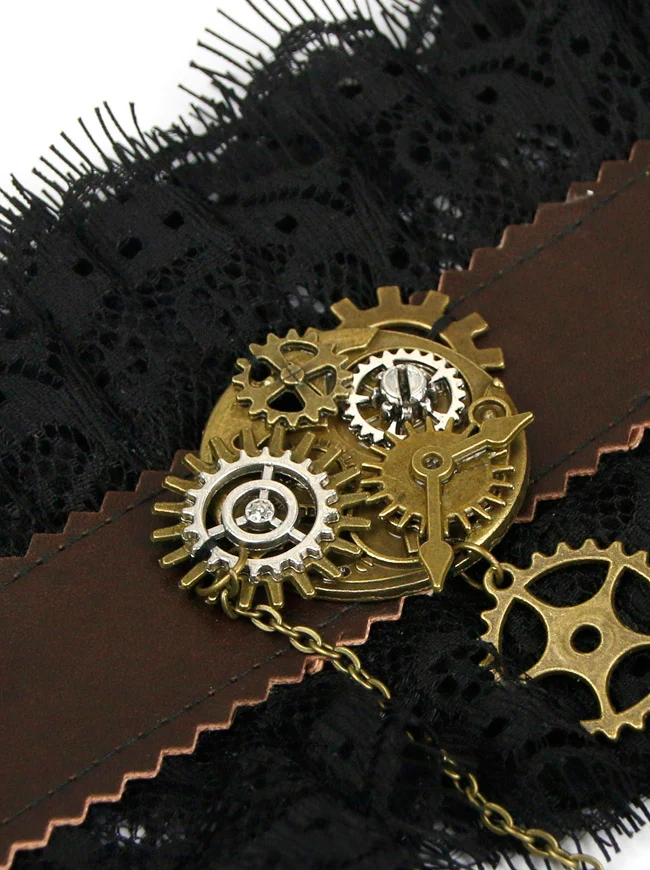 Steampunk Gothic Zubehör Gear Leder Spitze Armband Armband mit Ring
