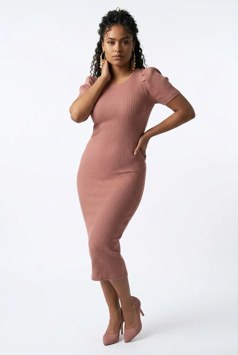 Stylish Sisters Short Sleeve Ribbed Knit Bodycon Midi Dress - Mauve