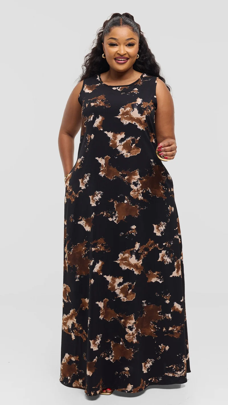 Vivo Basic Sleeveless Tent Maxi Dress in Crepe - Black / Brown Tie Dye