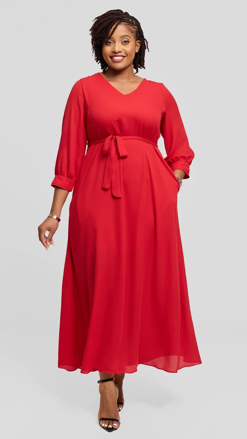 Vivo Hadiya 3/4 Sleeve Maxi Dress in Chiffon - Red
