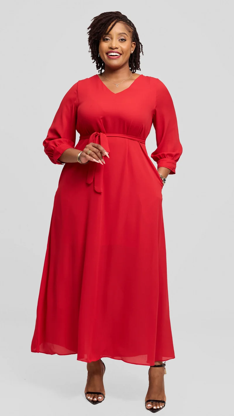 Vivo Hadiya 3/4 Sleeve Maxi Dress in Chiffon - Red