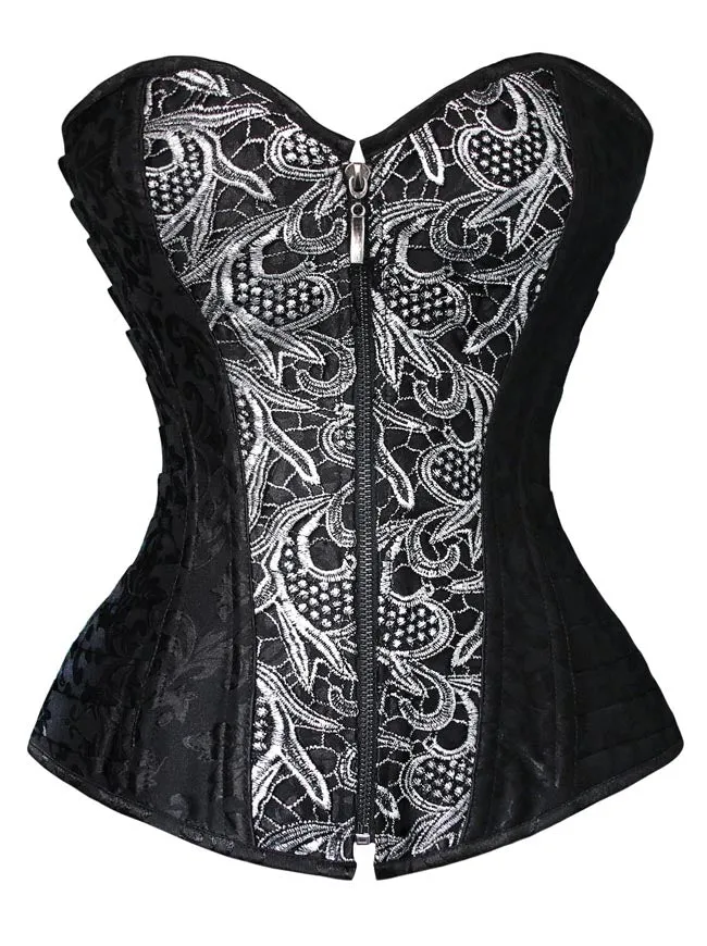 Brocade Steampunk Stickerei Reißverschluss Steel Boned Overbust Korsett