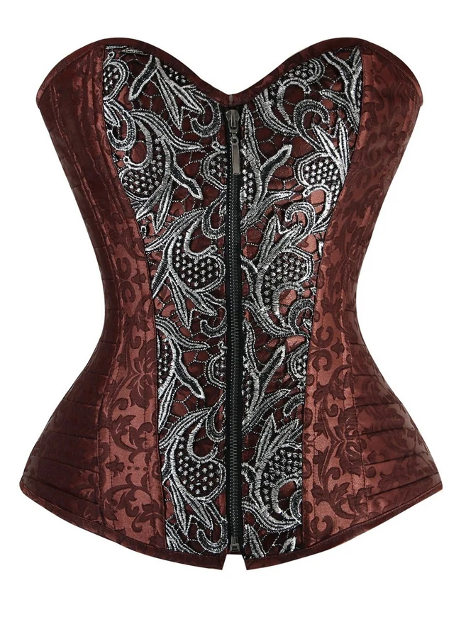 Brocade Steampunk Stickerei Reißverschluss Steel Boned Overbust Korsett
