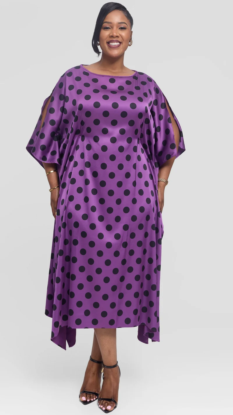 Vivo Maxi Kaftan in Satin - Purple / Black Polka Print
