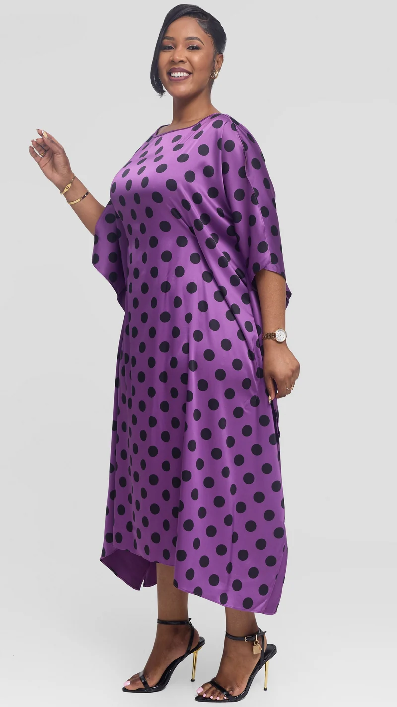 Vivo Maxi Kaftan in Satin - Purple / Black Polka Print