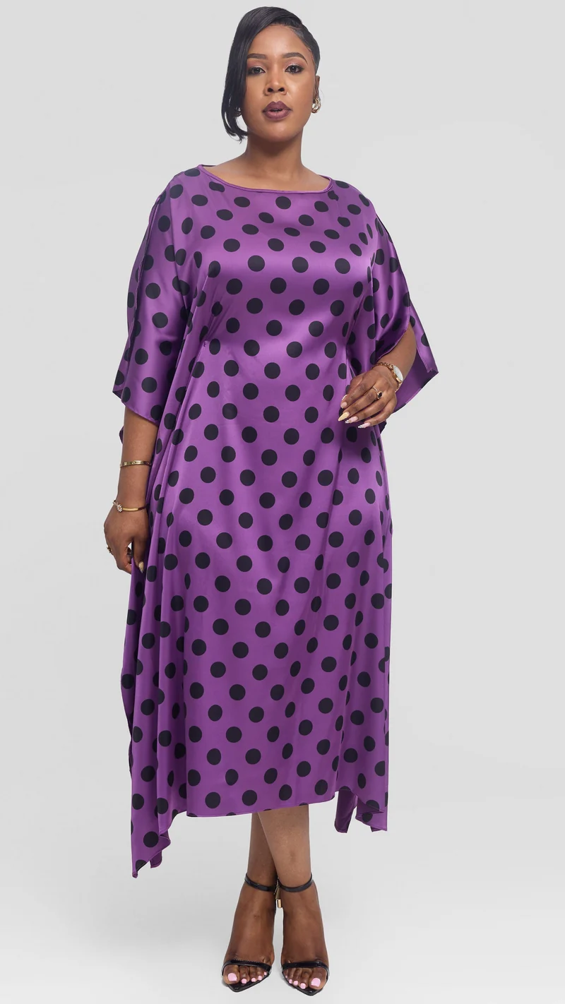 Vivo Maxi Kaftan in Satin - Purple / Black Polka Print