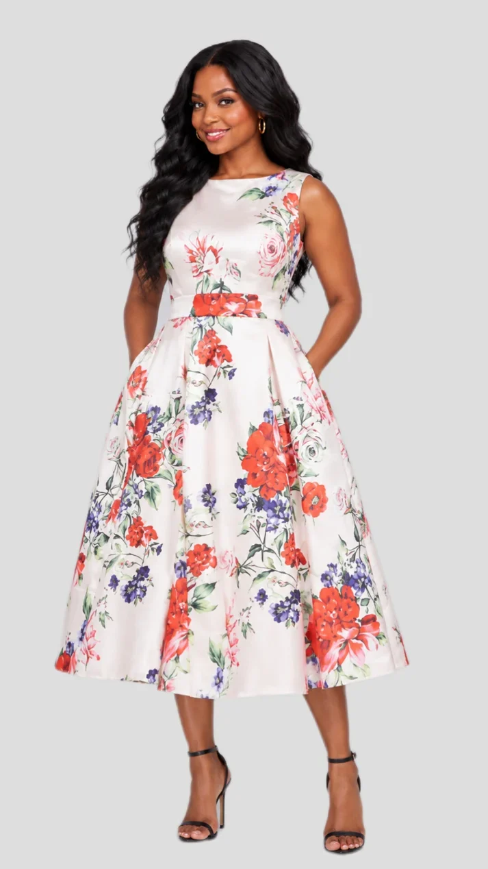 The Fashion Frenzy Serena Bloom Floral Midi Skater Dress - Multi