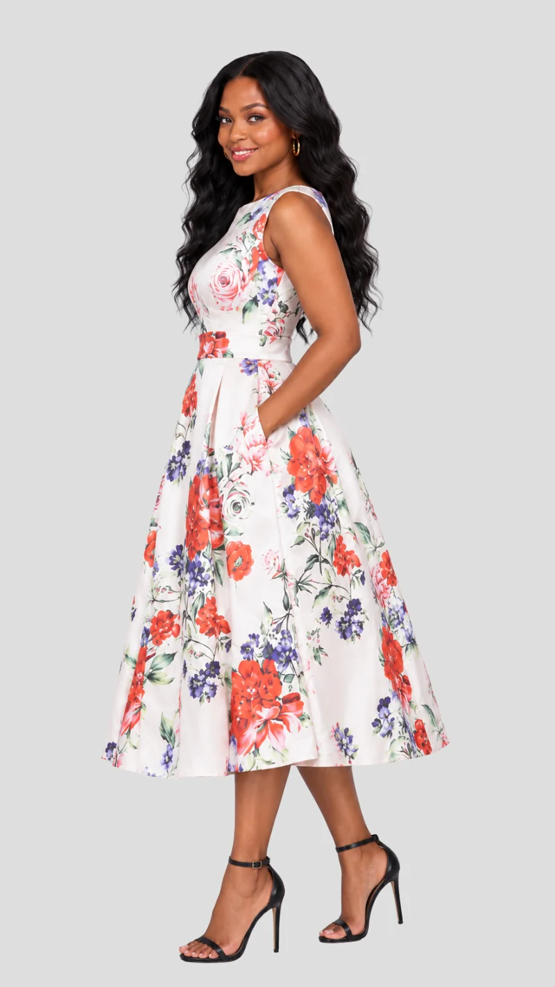 The Fashion Frenzy Serena Bloom Floral Midi Skater Dress - Multi