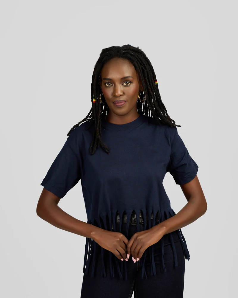 Women’s Stylish Fringe Navy Blue T-Shirt Top – Casual Short Sleeve Statement Top