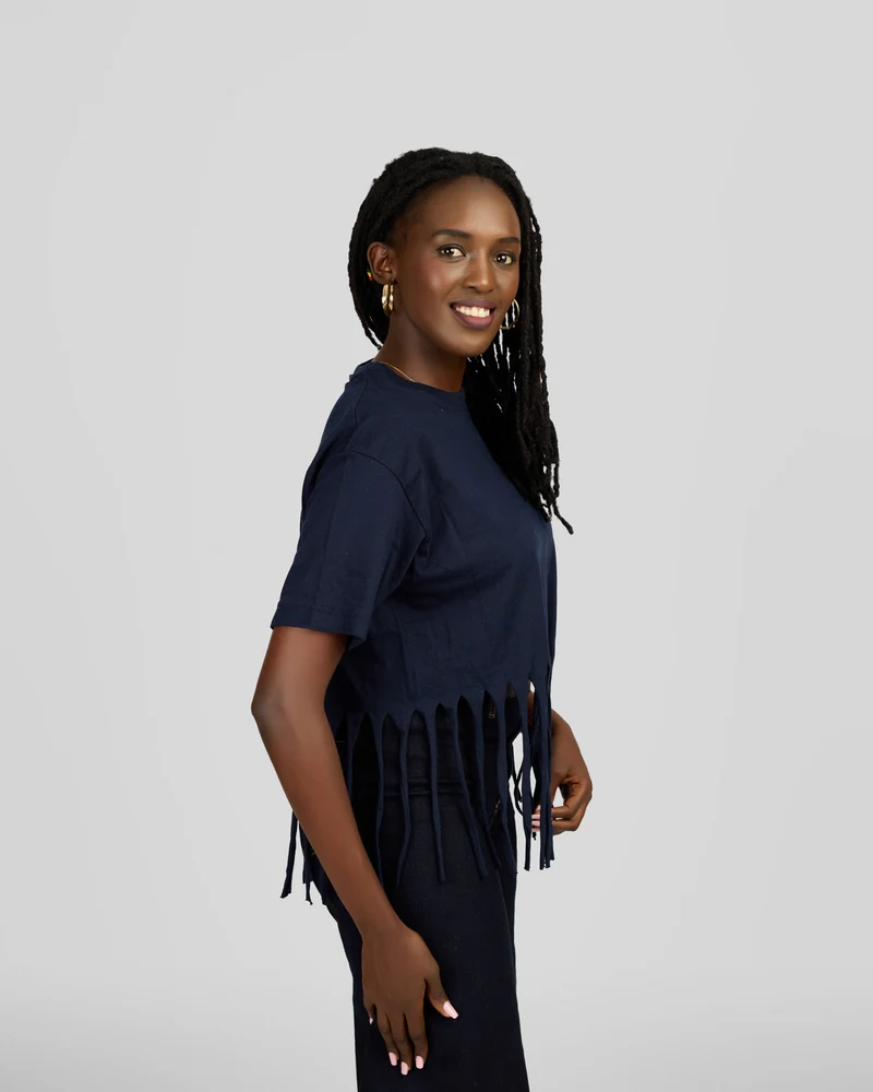 Women’s Stylish Fringe Navy Blue T-Shirt Top – Casual Short Sleeve Statement Top